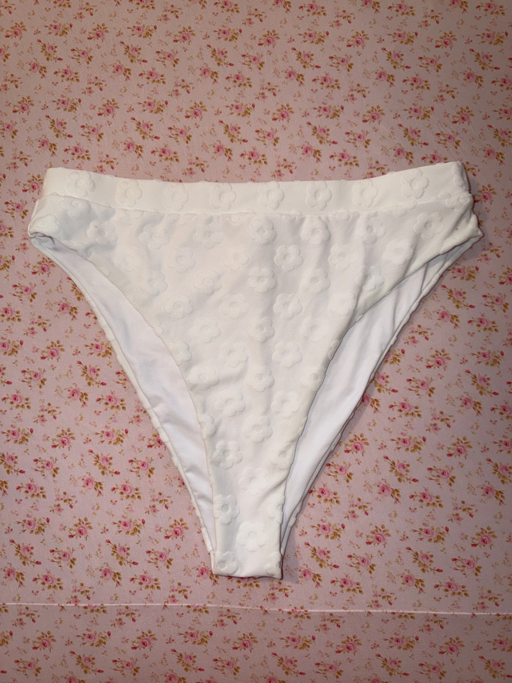 White Floral Textured Bikini Bottom